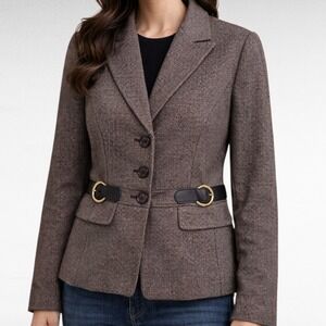 Tahari Arthur S Levine Wool Blazer Womens Size 10P Petite Textured Belted Jacket